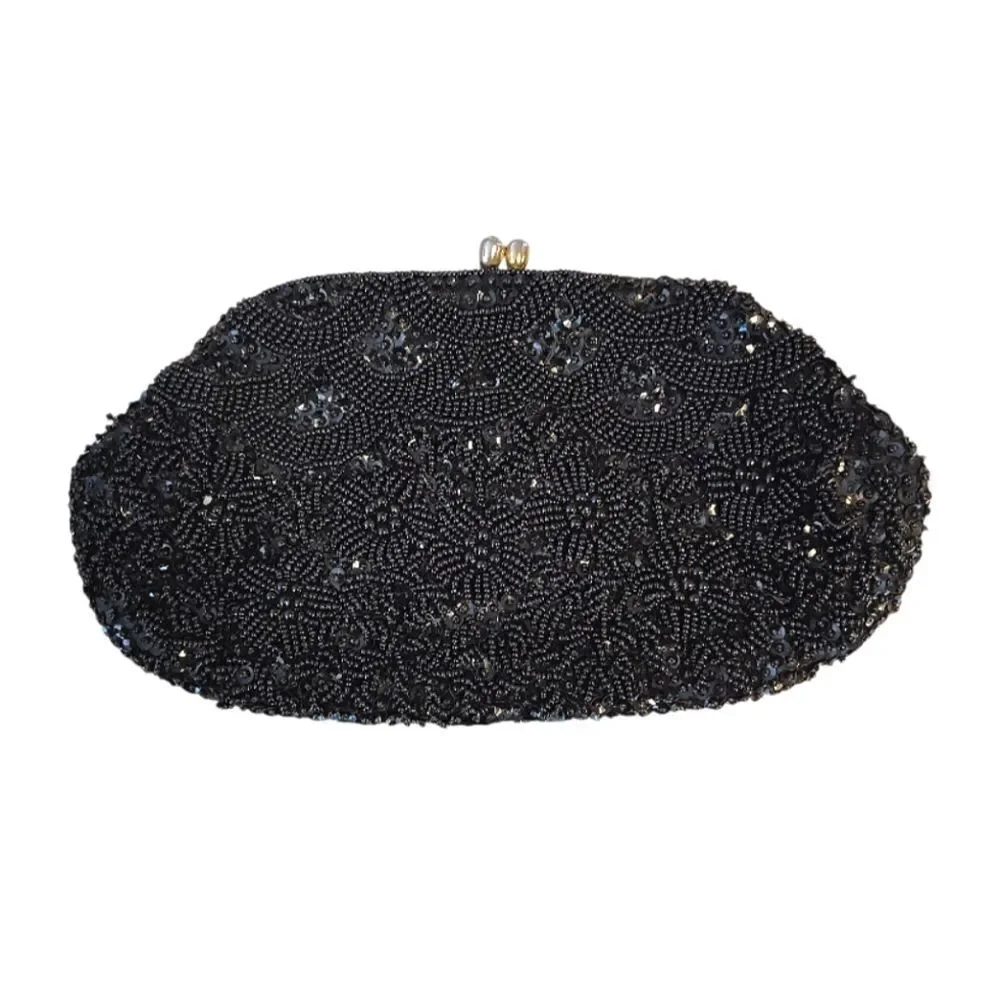 VTG 50s 60s Black Handmade Hong Kong Beaded Sequins Kiss Lock Clutch